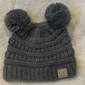 C.C Baby Infant Size Double PomPom Cozy Knit Beanie Hat Gray One Size EUC